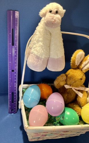 White Easter🐰Basket W Sweet Plush Bunny & Lamb 👀 Pastel Eggs, W Green “Grass” - Picture 9 of 18