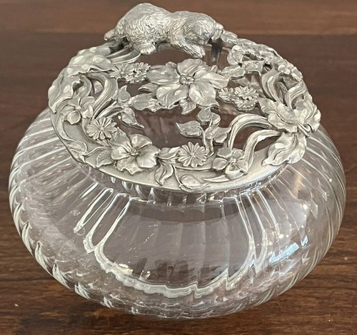 Vintage Rawcliffe Pewter Cat Kitten Garden Poupuri Swirl Glass Trinket Bowl - Picture 2 of 12