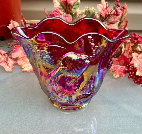 VERY RARE Fenton**RUBY RED CARNIVAL ATLANTIS KOI FISH WHIMSY FAN VASE**1980'S - Picture 10 of 17
