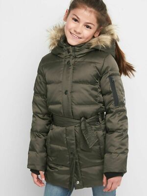Gap Kids Girls Down Tie belt Puffer Parka Jacket Dark Olive Green