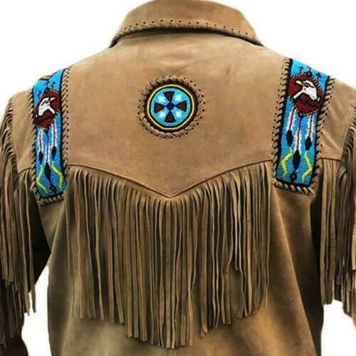 Men's Native American Suede Leather Jacket With Fringes Eagle Brown Mountain - Imagen 5 de 7