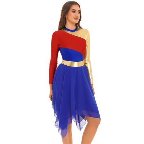 Damen Tanzkleid Patchwork Kostüm asymmetrisch Kleid Farbblock Tanzkleidung - Bild 12 von 37