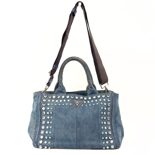 PRADA CANAPA 2way Bag Denim Canvas bijoux Authentic From Japan 0479 - Picture 7 of 24