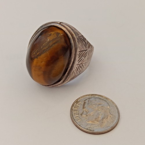 Vintage Men's Ring Tiger Eye Heavy Massive Retro Silver 925 8.25 Engraved Dome - Picture 9 of 16