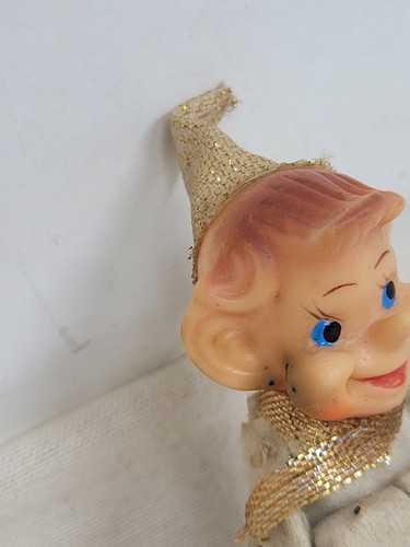 Vintage Christmas elf knee hugger rubber face gold Japan Ornament 3.5" - Picture 3 of 13