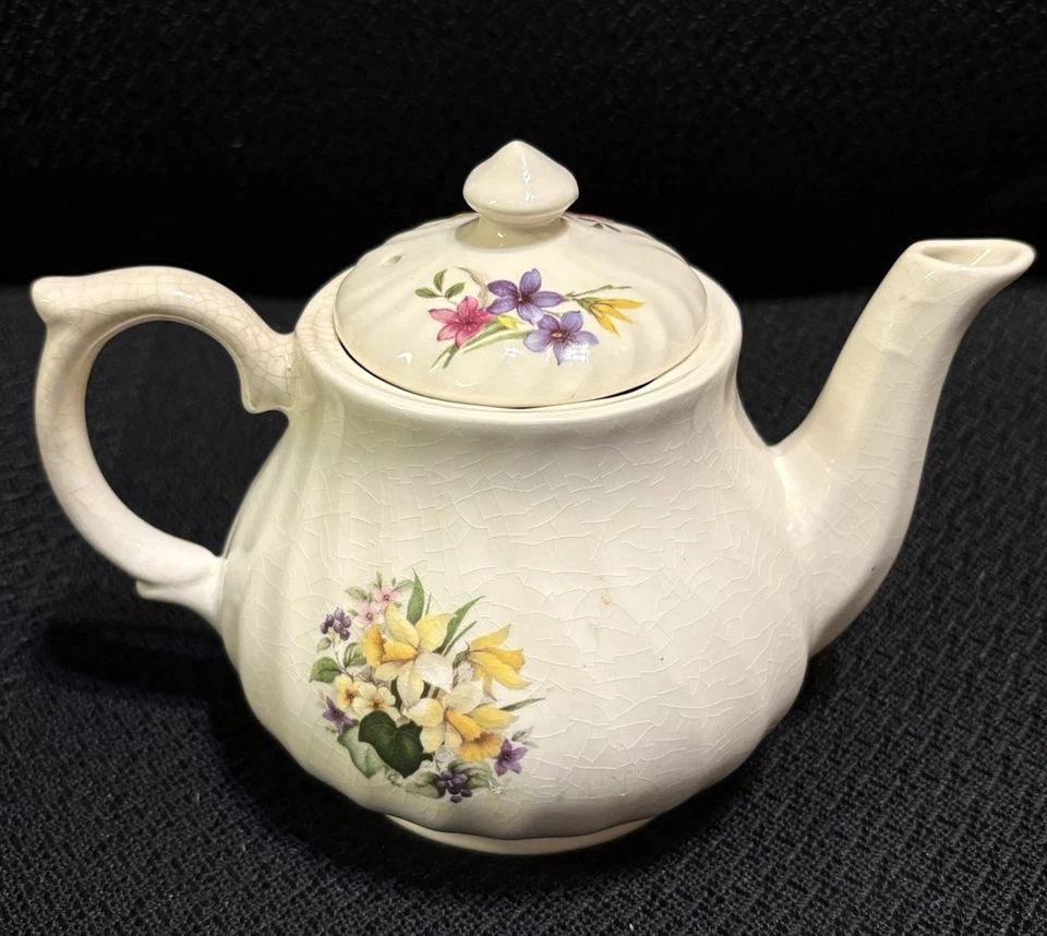 CROWNFORD GIFTWARE CORP White Floral TEAPOT Daffodils Pansies Made in England - Image 2 of 4