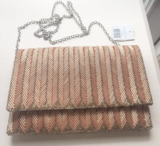 La Regale Gold Beaded Chevron Envelope Clutch Evening Bag Chain Strap NWT