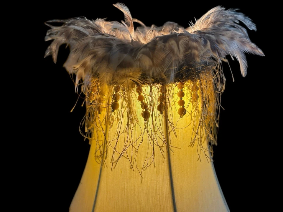 Vintage Ostrich Feather Gold Silk Lamp Shade HTF (Smaller Matching Available) - Image 2 of 4