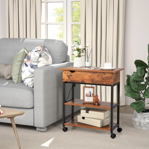2Pcs Lift Top End Table W/Charging Station Storage Shelves Wheels Mobile Bedside - Picture 4 of 9