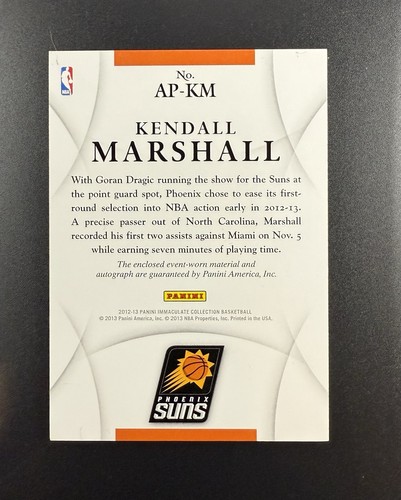 2012-13 Panini Immaculate /100 Kendall Marshall #AP-KM RPA Rookie Patch Auto RC - Foto 2 di 2