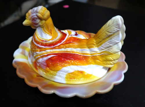 Vintage Mosser Slag Glass Hen On Nest 6.5" Red Orange Yellow White UV Glow GREAT - Picture 3 of 18