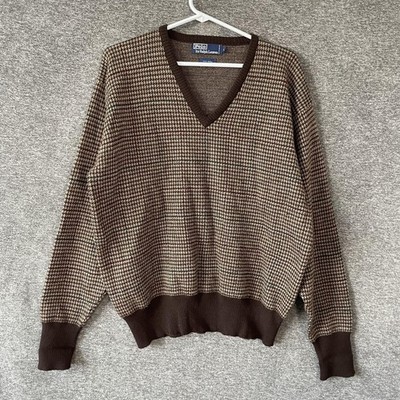 Vintage Polo Ralph Lauren Sweater Mens Large Brown Wool V Neck Check Knit Plaid