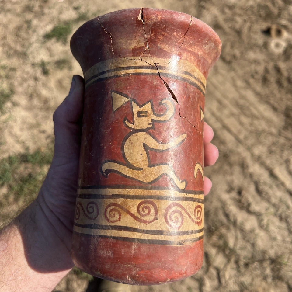 КРАСИВЫЙ ОРИГИНАЛЬНЫЙ ПОЛИХРОМНЫЙ СОСУД NAZCA — МИФИЧЕСКОЕ СУЩЕСТВО 6,7/8 дюйма в высоту Q601 - Изображение 3 из 4