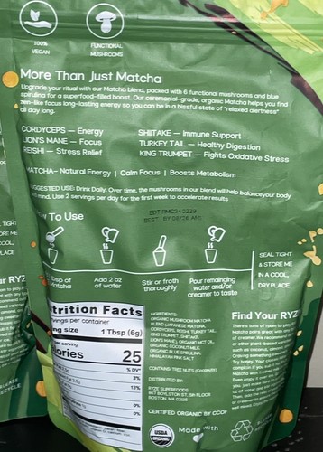 (2 Pack) Ryze Organic Mushroom Matcha 30 Servings 6.35 Oz Exp 8/26 Energy Focus - Bild 4 von 5