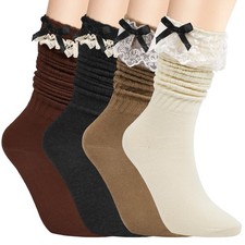 Womens Slouch Socks, Knee High, Frilly Lace Ruffle, Calf, Stacked, Scrunch