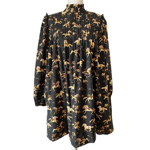 Ganni Horse Print Flare Babydoll Mock Neck Minikleid schwarz braun Gr. 34 XS - Bild 3 von 9