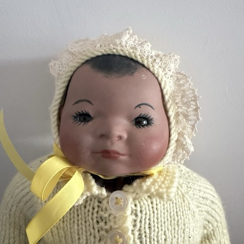 Handmade Baby Doll Dark Skin Yellow Knitted Outfit Soft Body Ceramic Head Hands - Bild 4 von 24