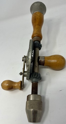 Vintage Hand Crank Manual Drill - Egg Beater Style Tool w/ Wood Handle - Picture 2 of 3