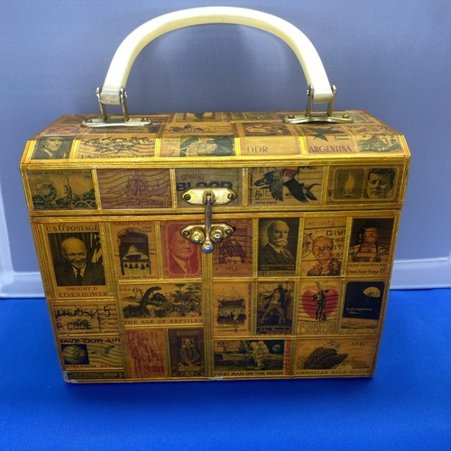 Vintage Mid Century Holzkiste Geldbörse Elfenbein Plexiglas Griffe Briefmarkenmotiv - Bild 1 von 21