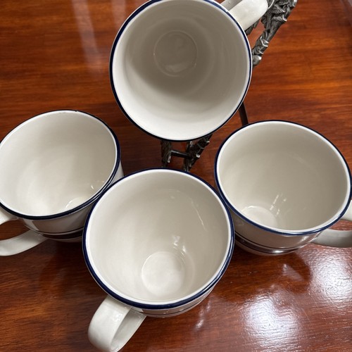 4er Set Country Crock Steinzeug große Kaffeetassen blaue & grüne Streifen 14 Unzen - Bild 3 von 9