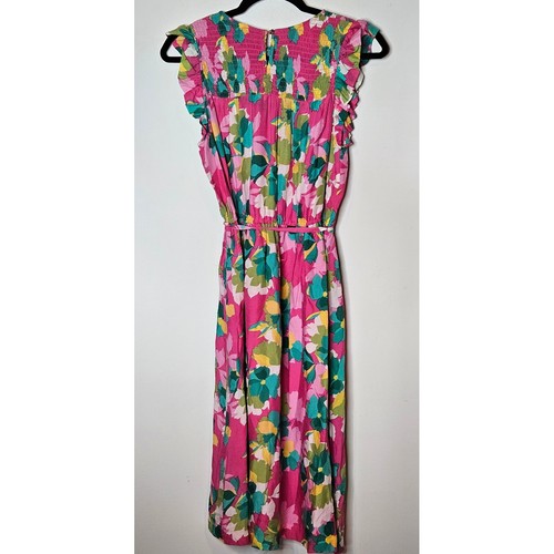 Draper James RSVP gesmokte Passe Rüschen rosa Blumen Midikleid lebendig Frühling Medium - Bild 3 von 4