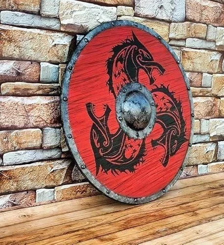 Scudo storico epoca vichinga drago medievale in legno indossato da battaglia scudo Valhalla - Foto 2 di 7