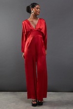 Warehouse Womens Jumpsuit Red Wide Leg Satin Batwing Sleeves V-Neck
