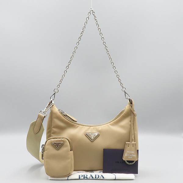 Prada 1BH204 Cameo Reedition Saffiano Trim Renylon Multi Hobo Bag in Chai