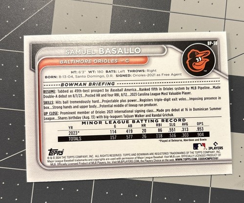 2024 Topps Bowman Samuel Basallo BP-38 True Blue 46/150  - Bild 2 von 2