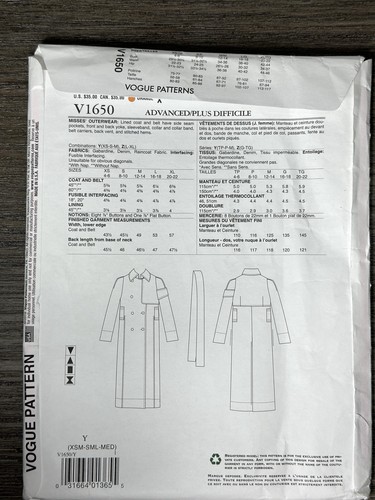 Vogue 1650 GUY LAROCHE Trench Coat Jacket 4-14 XS-M UNCUT Sewing Pattern - Picture 2 of 4