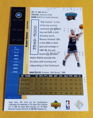 1998-99 SPx Finite Radiance #53 Bryant Reeves /5000 - Grizzlies - Picture 2 of 2