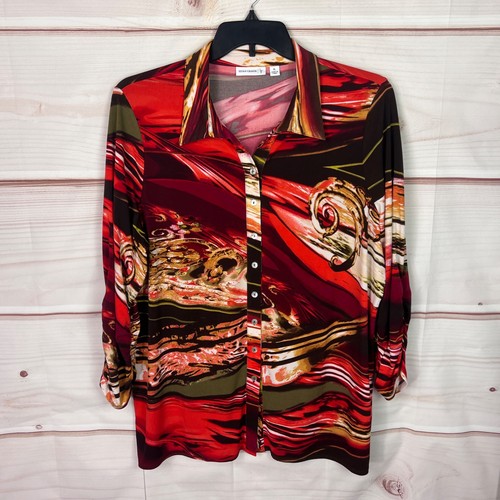 Susan Graver Top Damen XL rot abstrakt flüssig Strick Shirt Knopfleiste 3/4 Arm