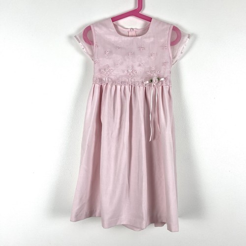 Vintage Bonnie Jean Girl’s Pink Dress Sz 5 Long Lace Bow Wedding Formal Princess