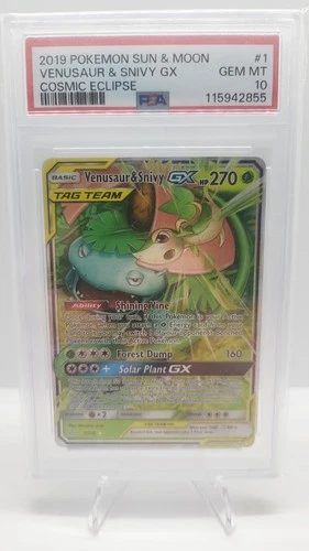 Pokémon TCG Holo Ultra Rare Venusaur & Snivy GX 1/236 Cosmic Eclipse PSA 10