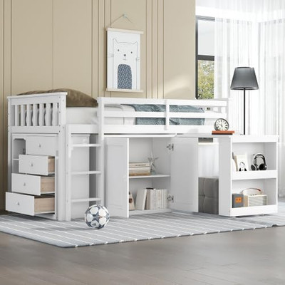 Low Loft Twin Bed with Pull-Out Desk & Storage - White Rubber Wood