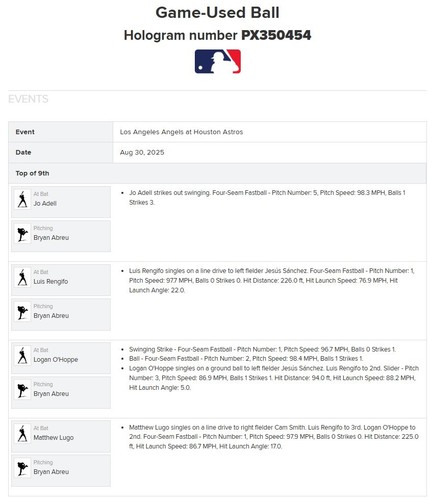 Matthew Lugo Angels Game Used SINGLE Baseball 8/30/2025 - 3 SINGLES + K Hit #11 - Picture 5 of 5