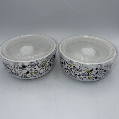 #ad #ad Peanuts Snoopy Woodstock Ceramic Bowls 2 w Pressure Relief Vented Lids 0039 $28.00