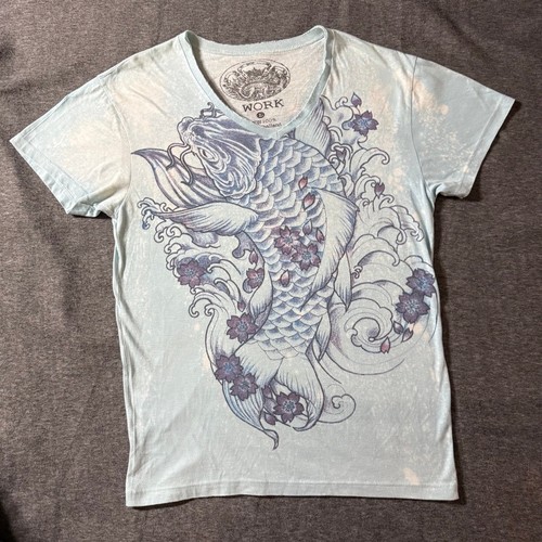 Camiseta WORK Carpa Koi Pez Hombres Azul Blanco Japón Tatuaje Japonés Yakuza Cuello en V L - Imagen 1 de 11