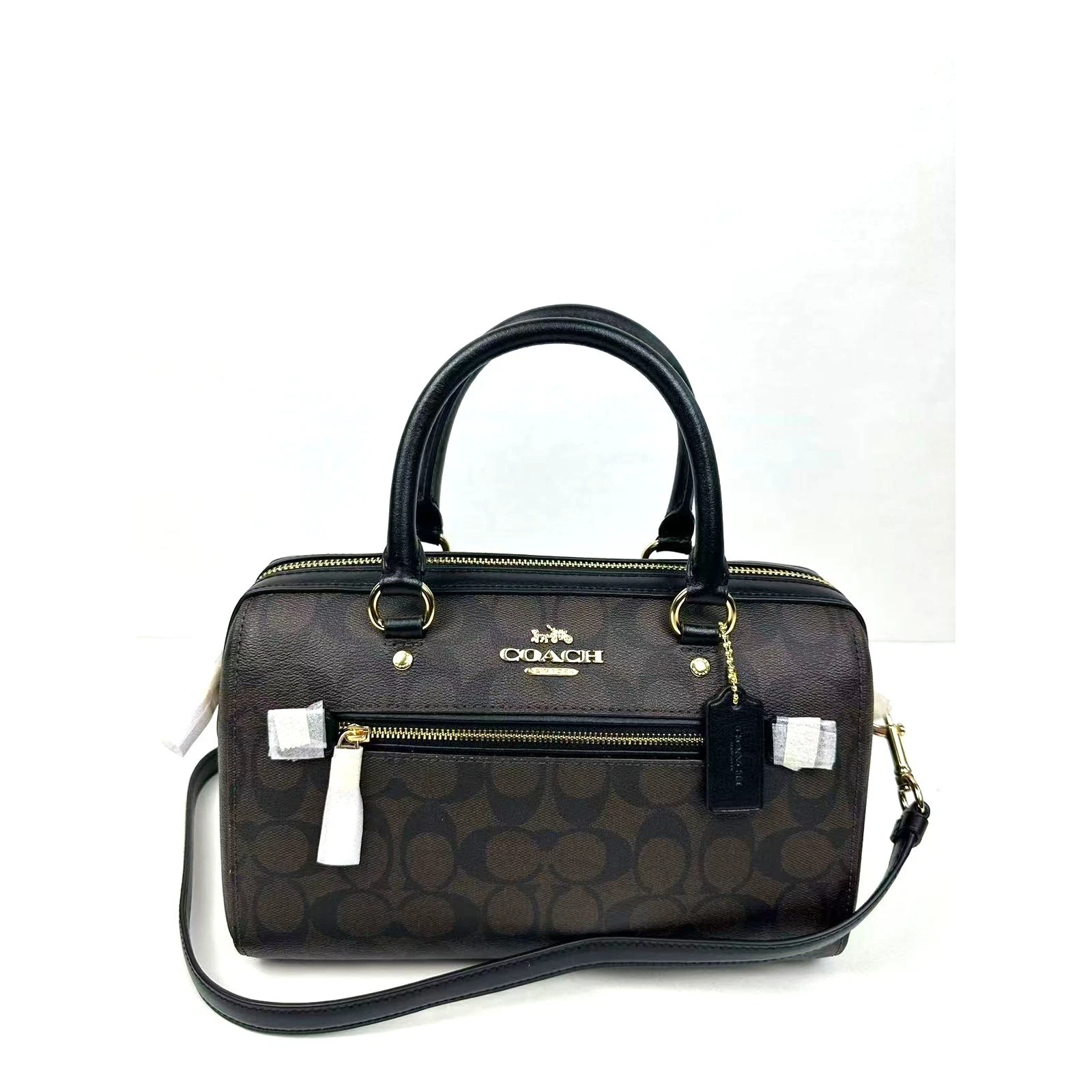 Borsa a tracolla Coach Rowan firma tela oro marrone nero nuova con etichetta F83607