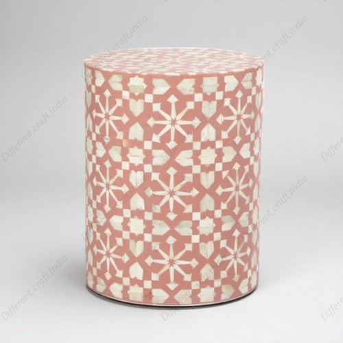 Peach Zellige Bone Inlay Side Table | Round Moroccan Drum Accent Sitting Stool - Picture 1 of 3