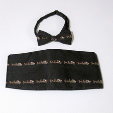 Christmas Black Cummerbund  Bow Tie Set Embroidered Santa Sleigh Reindeer