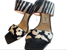 Jimmy Choo High Heel Sandals Zebra Leopard Fabric Leather Black Women's EU36/US6
