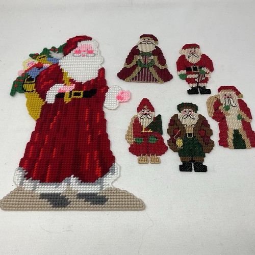 Santas Small Handmade Needlepoint On Plastic Canvas Vintage