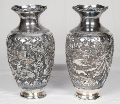 2x Antike Silber Vase Persien signiert Repoussé Tiere im Paradiesgarten um 1920 - Bild 6 von 20