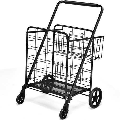 Heavy Duty Folding Shopping Cart Utility Jumbo Double Basket 330lbs Black - Picture 12 of 12
