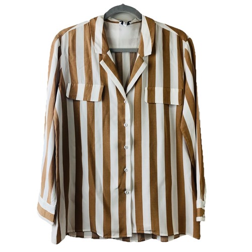 Witchery Shirt Womens Size 10 Brown and White Striped Button Up Long Sleeve