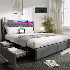 Queen Size Bed Frame with 4 Storage Drawers and LED Lights, Queen Bed Frame with