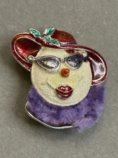 Christmas Red Hat Society Snowman Lady Brooch Pin Vintage