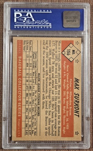 Tarjeta de béisbol 1953 Bowman Color #156 Max Surkont Milwaukee Braves vintage PSA 6 - Imagen 2 de 3