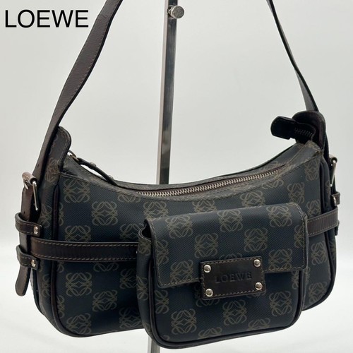 LOEWE Anagram Hand Shoulder Bag Brown Canvas Leather Vintage Used From Japan